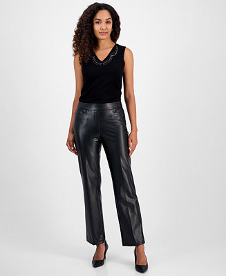 Faux-Leather Mid-Rise Straight-Leg Pants, Regular & Petites | Macy's