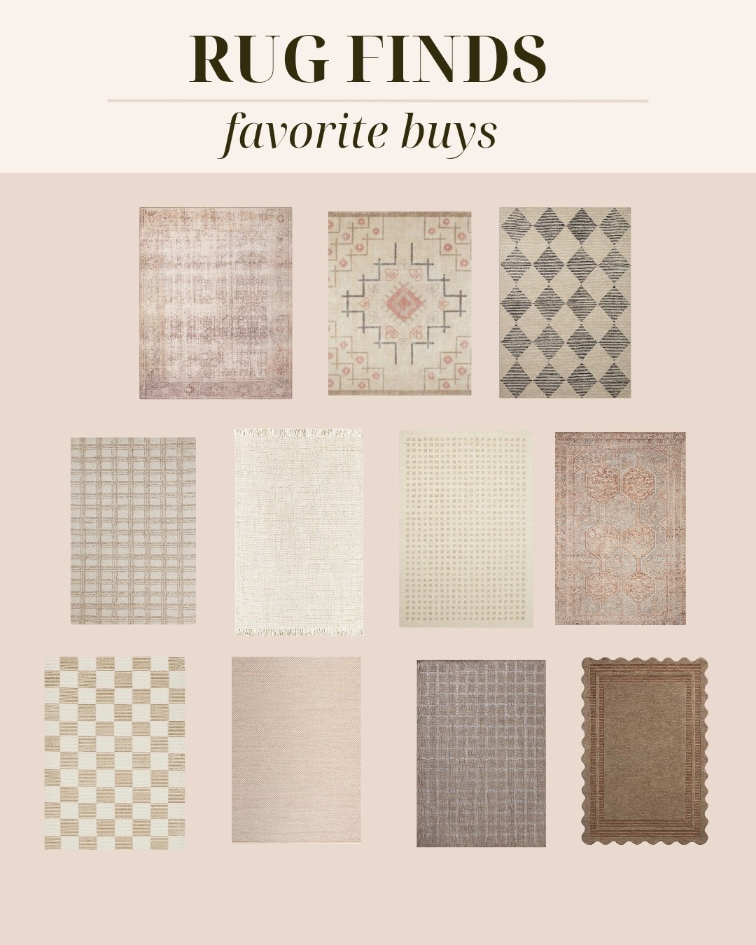 A mix of neutral rugs in simple patterns and textures. 

Linked below.

#LTKHome #LTKSaleAlert