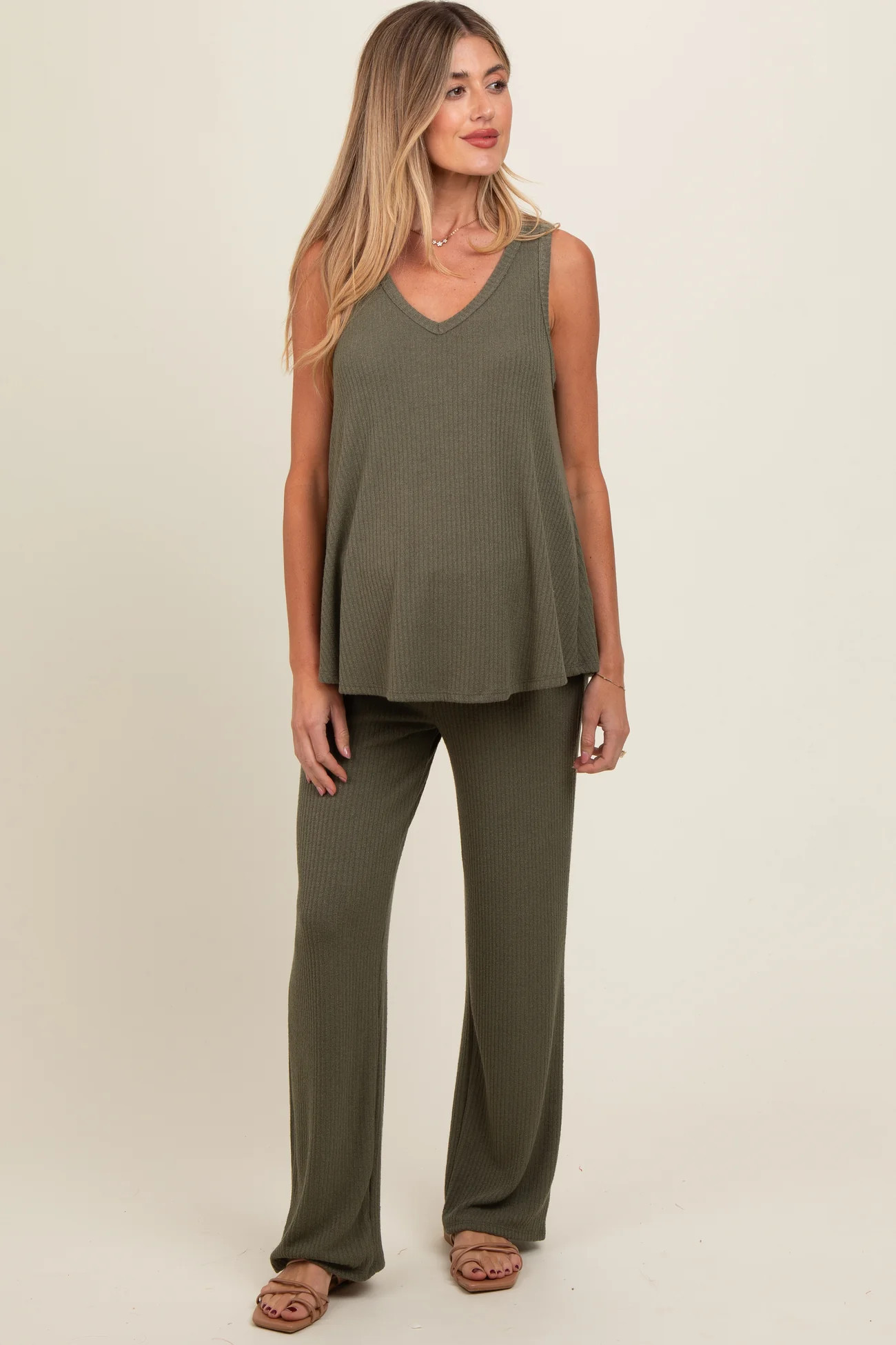 Olive Rib Knit Tank and Pant Maternity Set | PinkBlush Maternity