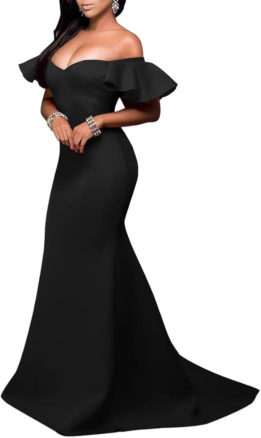LAGSHIAN Women's Sexy Elegant Off Shoulder Ruffle Sleeve Bodycon Formal Maxi Dress | Amazon (US)