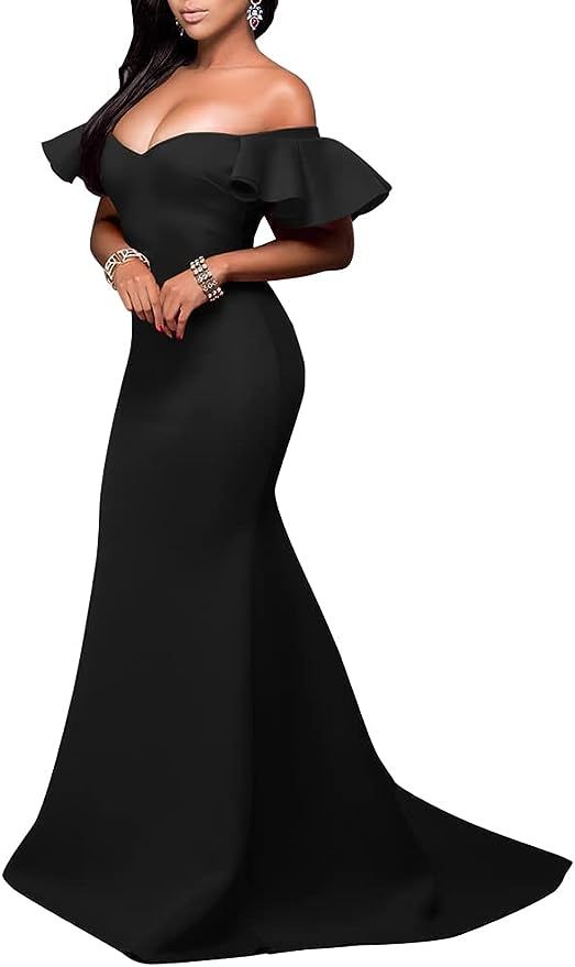 LAGSHIAN Women's Sexy Elegant Off Shoulder Ruffle Sleeve Bodycon Formal Maxi Dress | Amazon (US)