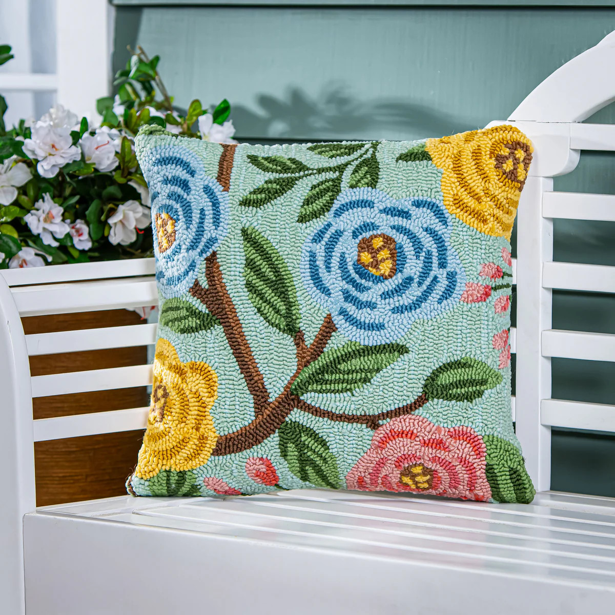 What She Shed Bloom Indoor/Outdoor Hooked Pillow 18"x18" | Plow & Hearth
