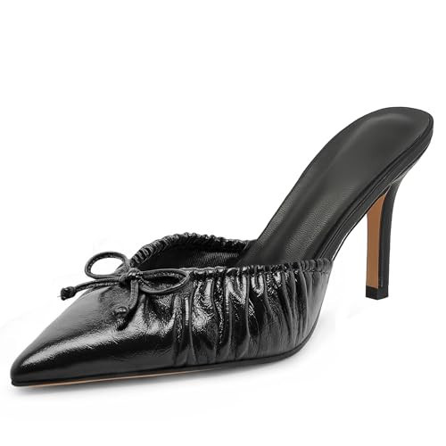 XBKXMK Black Kitten Heels for Women Bow Pointed Toe Heel Dressy Slip on Mules Trendy Sexy Stiletto Pumps Shoes | Amazon (US)