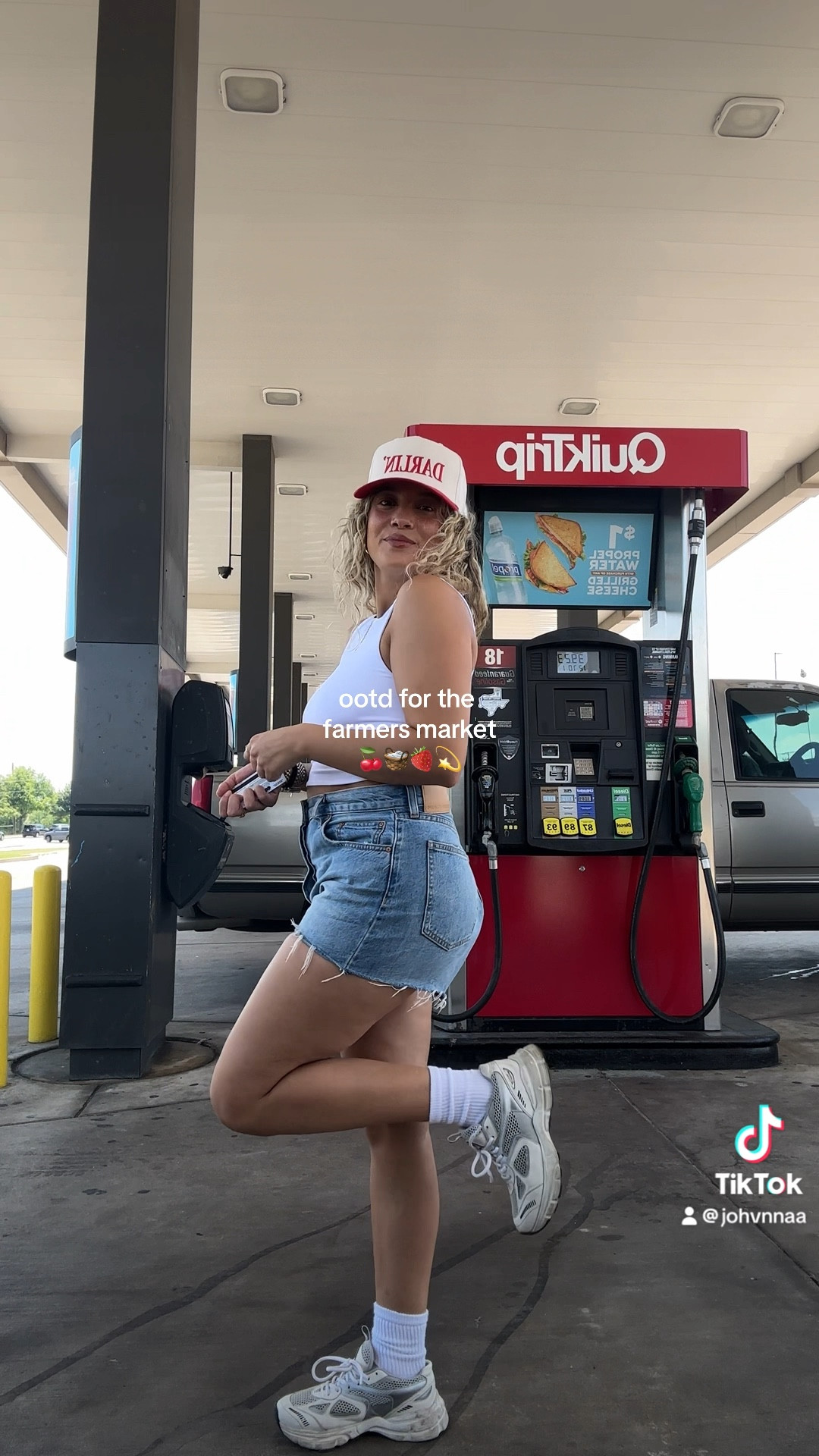 Red trucker hat is from TikTok shop 
Denim shorts - size 29
White top - small 

Aritzia outfit. Summer outfit. Summer fit inspo. 