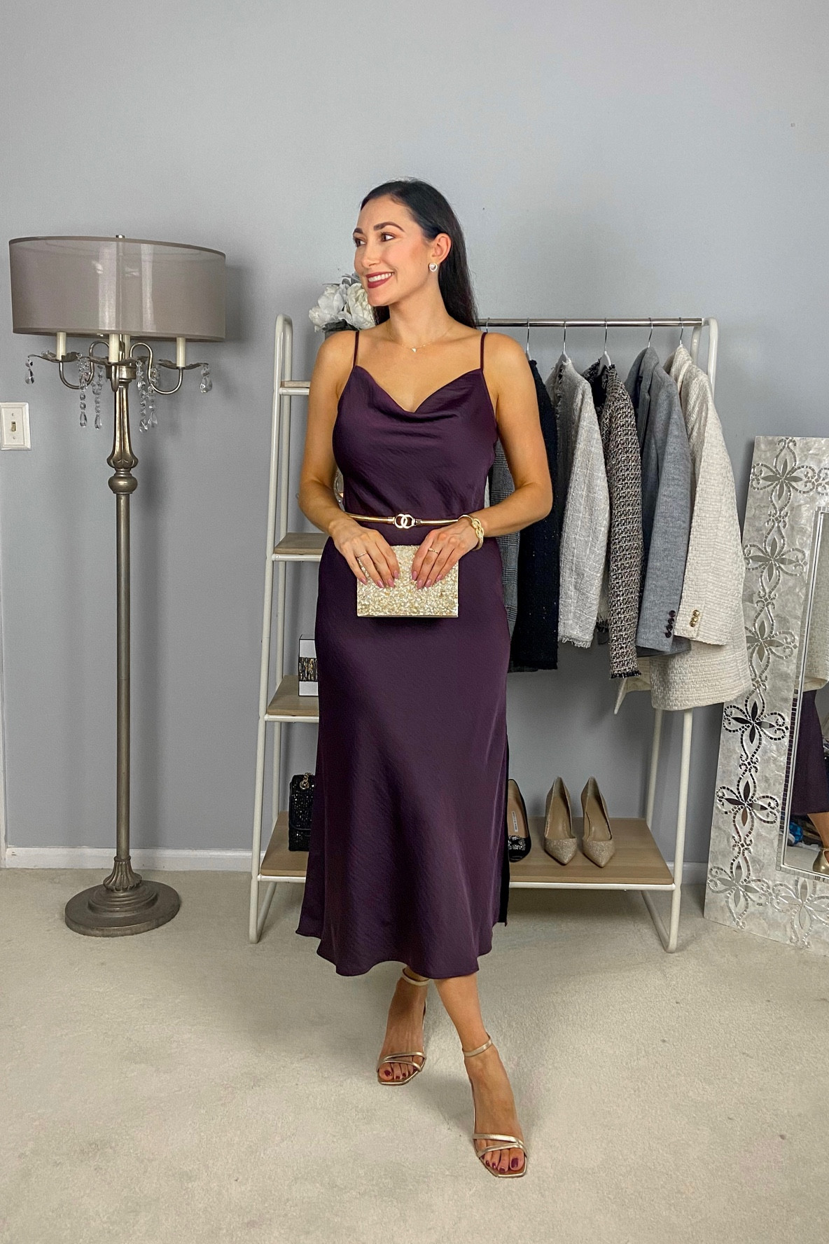 Fall wedding guest dress 💜

Deep purple cowl neck slip dress size small, TTS
Gold belt 
Gold clutch 
Gold ankle strap kitten heels size 7, TTS

Wedding guest
Midi dress 
Slip dress 
Fall dress 
Wedding outfit 
Date night outfit 
OOTN

#LTKfindsunder100 #LTKwedding #LTKSeasonal