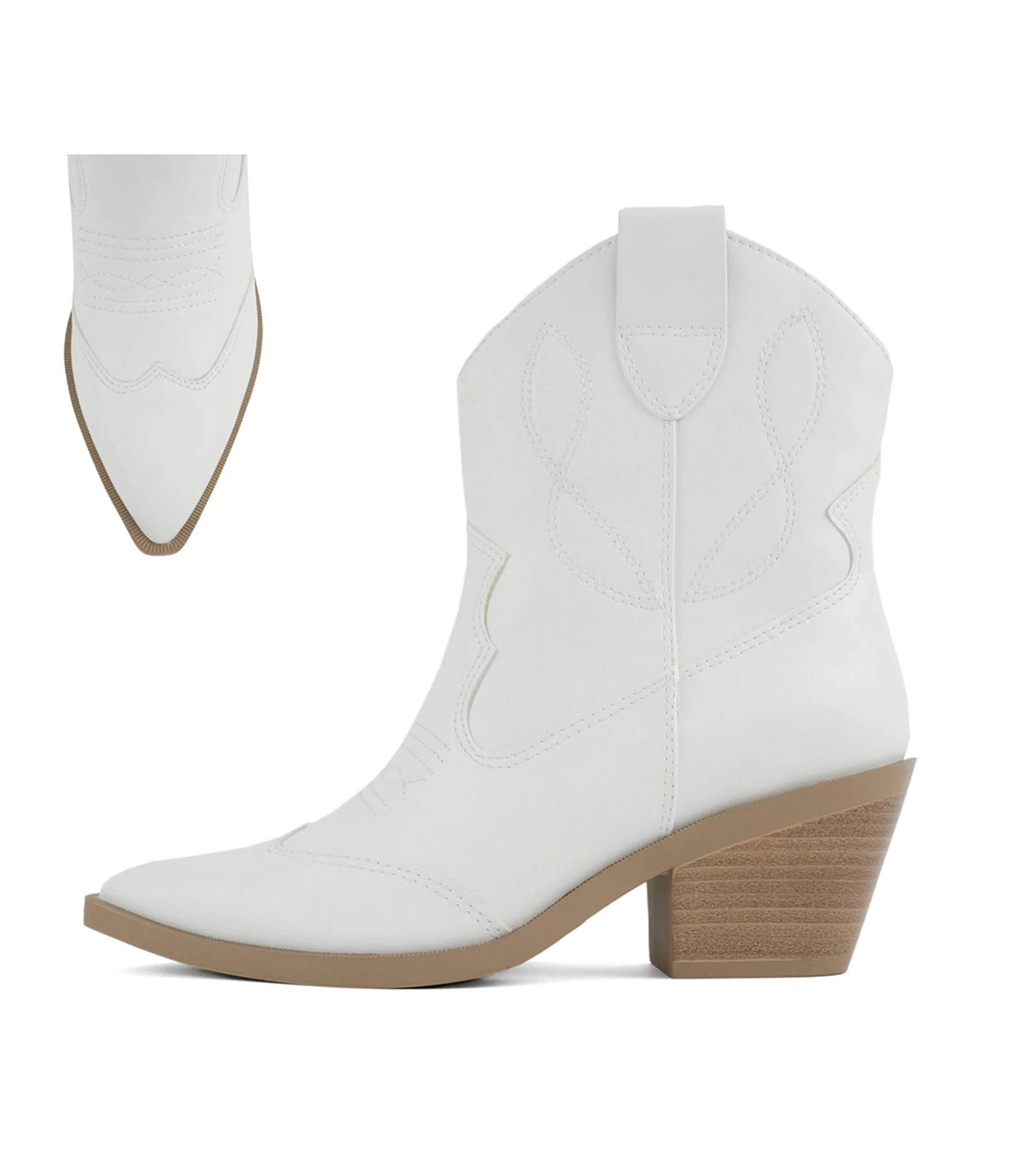 White Leatherette Cowboy Ankle Boot | Unique Vintage - North America