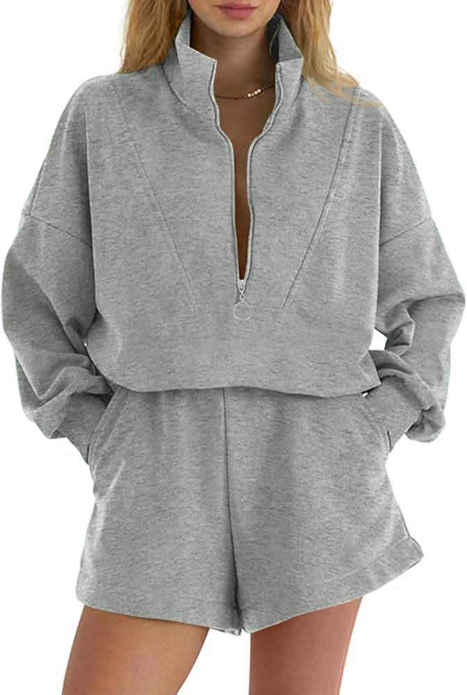 Fisoew Women's Sweatsuit Set Half-zip Sweatshirt Shorts Sets with Pockets Workout 2 Piece Outfits | Amazon (US)