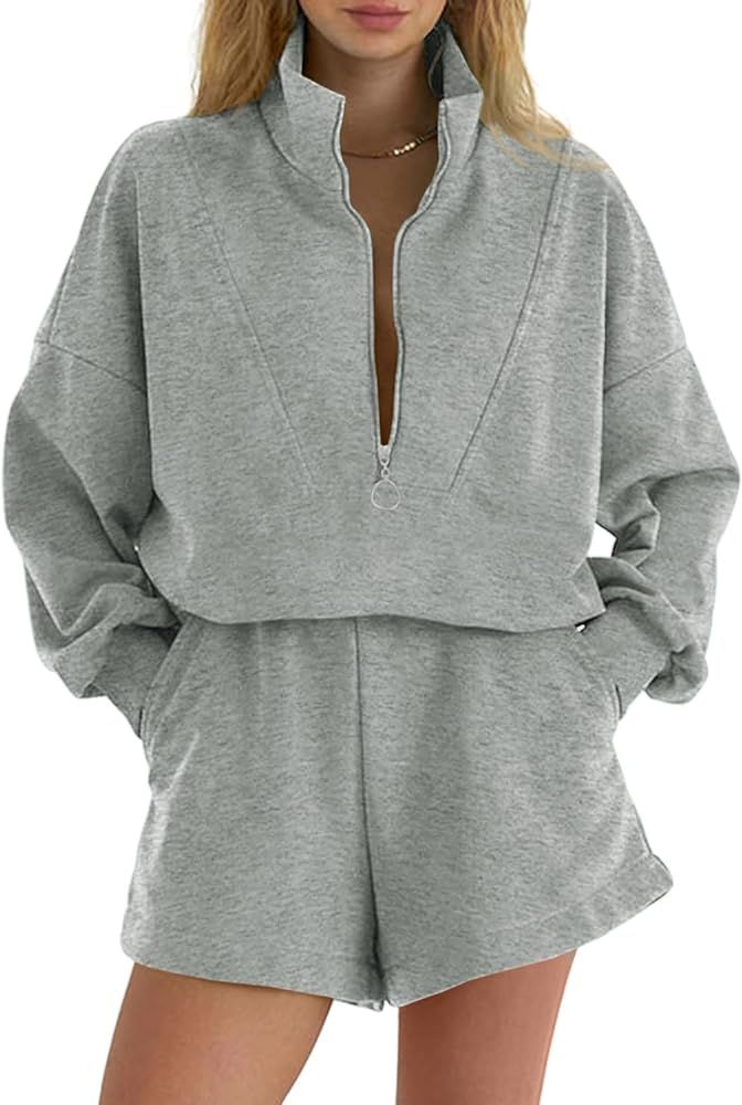 Fisoew Women's Sweatsuit Set Half-zip Sweatshirt Shorts Sets with Pockets Workout 2 Piece Outfits | Amazon (US)
