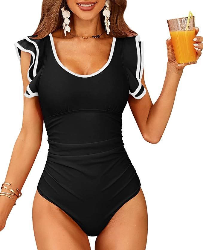 SOCIALA One Piece Swimsuit for Womens Sexy Ruffle U Neck Flounce Ruched Tummy Control Cut Out Bat... | Amazon (US)