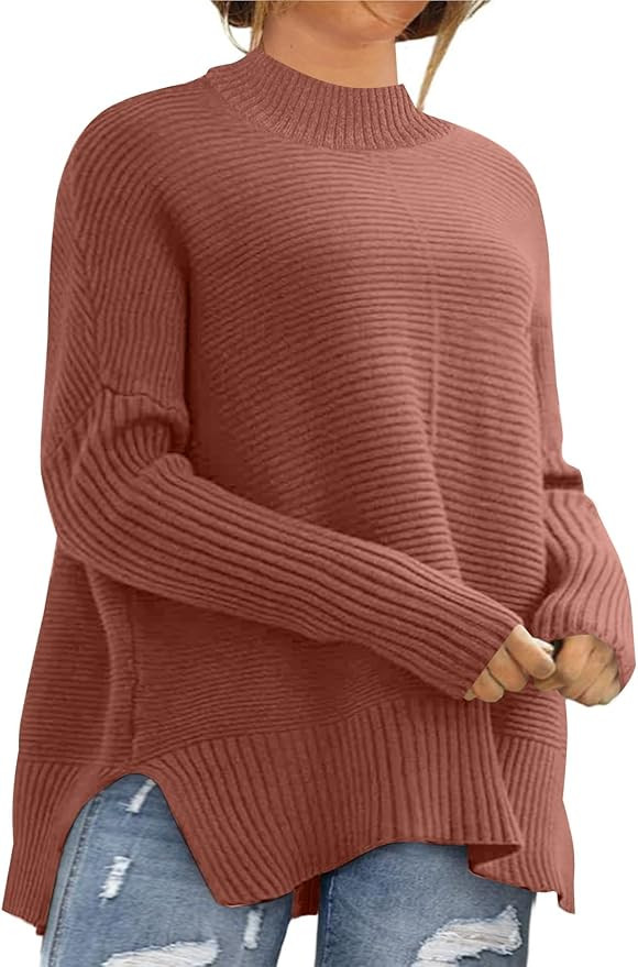 Eytino Womens Plus Size Sweaters Long Sleeve Crew Neck Split Hem Casual Oversized Ribbed Knit Tun... | Amazon (US)