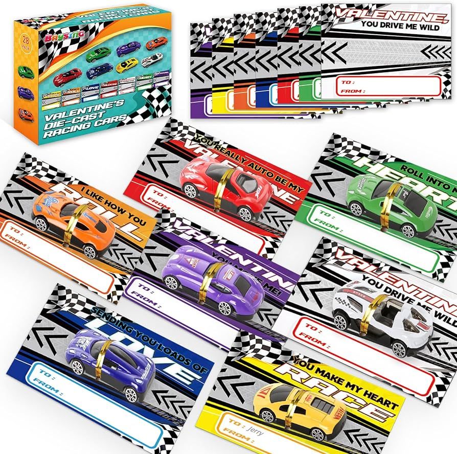 Valentine Cards for Kids Classroom, 28 Pack Valentines Party Gift Cards with Race Car for School ... | Amazon (US)