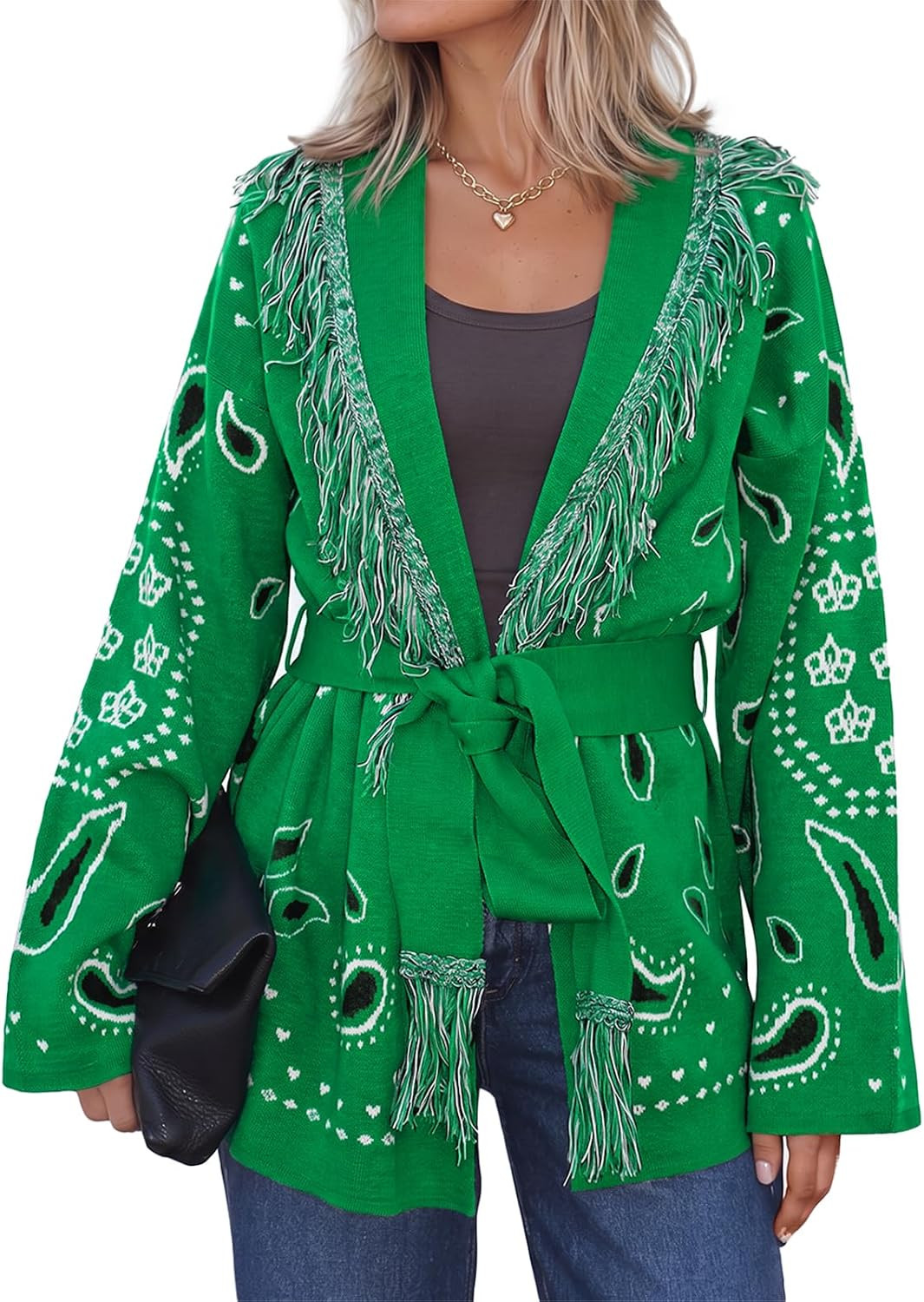 Cicy Bell Womens Fringe Cardigan Printed Long Sleeve V Neck Belt Sweaters | Open Front, Boho Sweaters, Patchwork Knit Coats, Fall Winter Outfits | Amazon (US)
