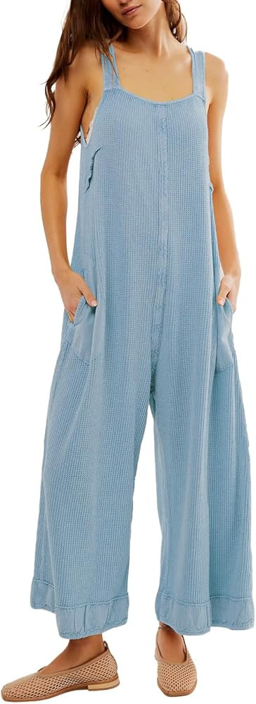 Ladyful Women's Summer Wide Leg Overalls Casual Loose Sleeveless Jumpsuits Waffle Backless Tank R... | Amazon (US)