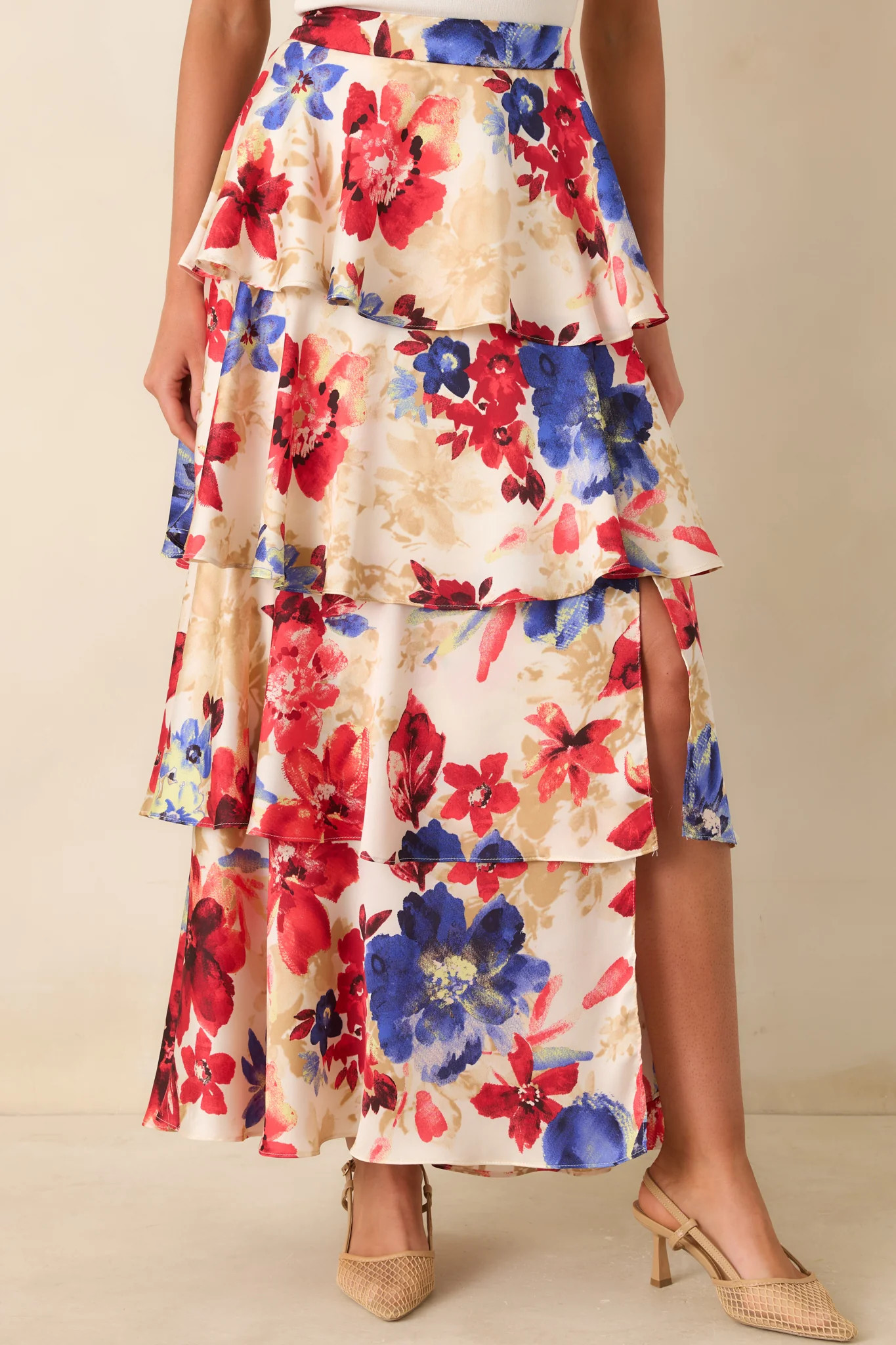 Flourish and Flow Ivory & Red Multi Floral Print Tiered Maxi Skirt - L / Multi | Red Dress