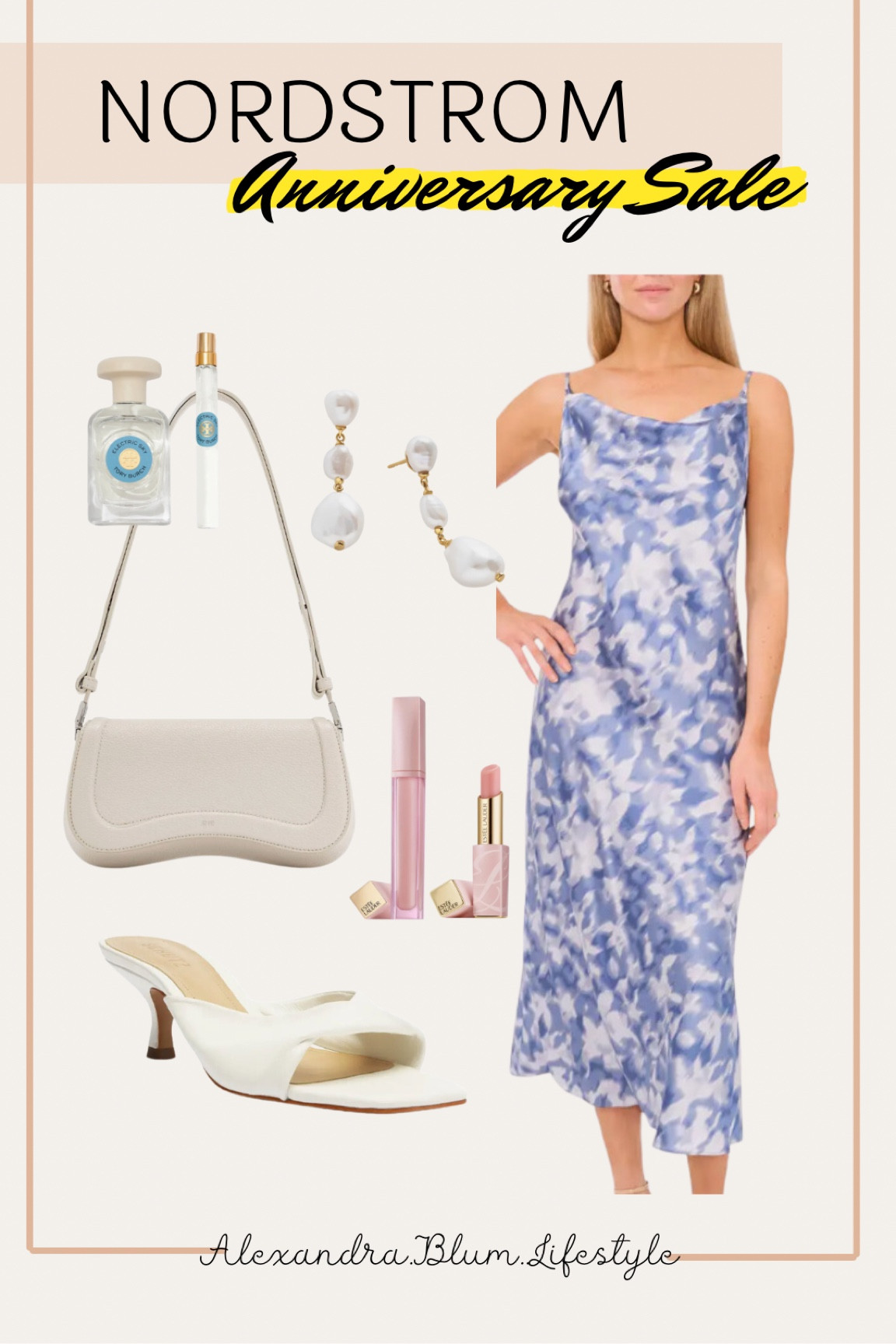 Nordstrom Anniversary Sale! Perfect summer wedding guest dress! Satin blue floral, white kitten heels, white handbag, white pearl earrings! Beauty sale! 

#LTKWedding #LTKShoeCrush #LTKxNSale