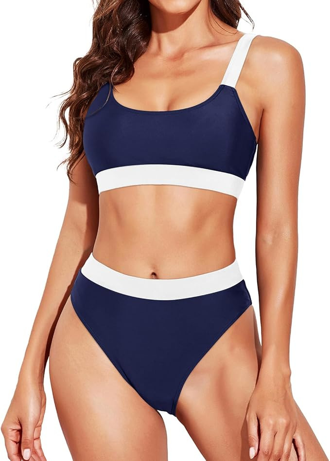 Tempt Me Women Two Piece High Waisted Bikini Swimsuits with Bottoms Teen Scoop Neck Sport Bathing... | Amazon (US)