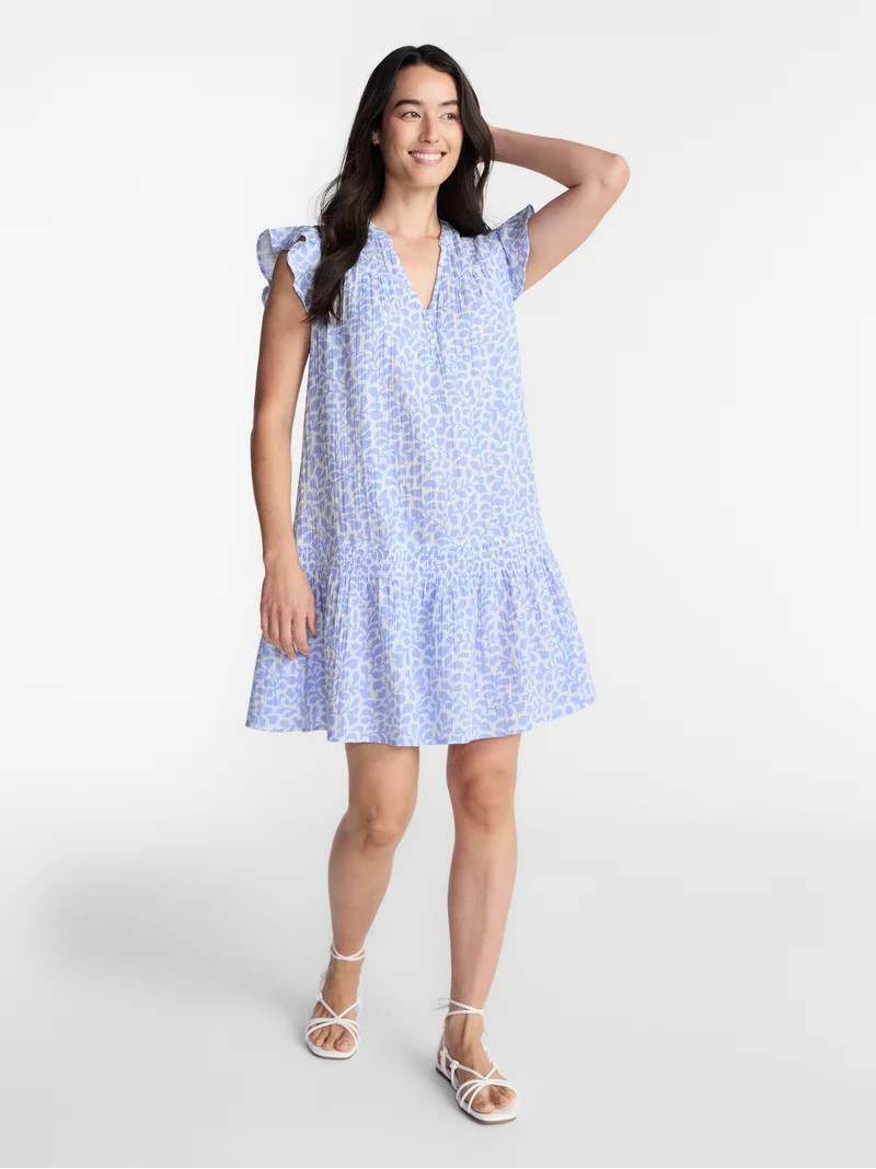 Time and Tru Women's Double Cloth Mini Dress with Flutter Sleeves, Sizes XS-XXXL | Walmart (US)