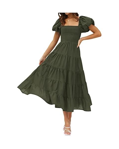 PRETTYGARDEN Women's Casual Summer Midi Dress Puffy Short Sleeve Square Neck Smocked Tiered Ruffl... | Amazon (US)