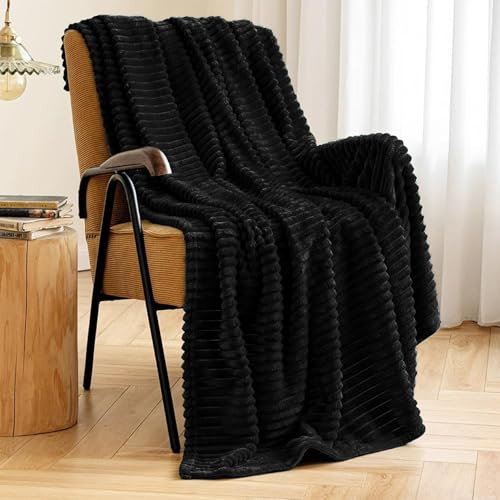 MIULEE Black Throw Blanket 3D Ribbed Jacquard Fleece Flannel Velvet Plush Decorative Bed Blanket (Throw, 50" x 60") - Super Soft, Lightweight, Warm and Cozy for Couch Sofa | Amazon (US)