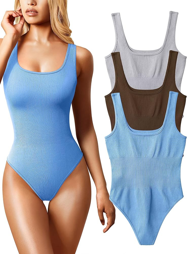 OQQ Women's 3 Piece Bodysuits Sexy Ribbed Sleeveless Square Neck Sleeveless Tank Tops Bodysuits | Amazon (US)