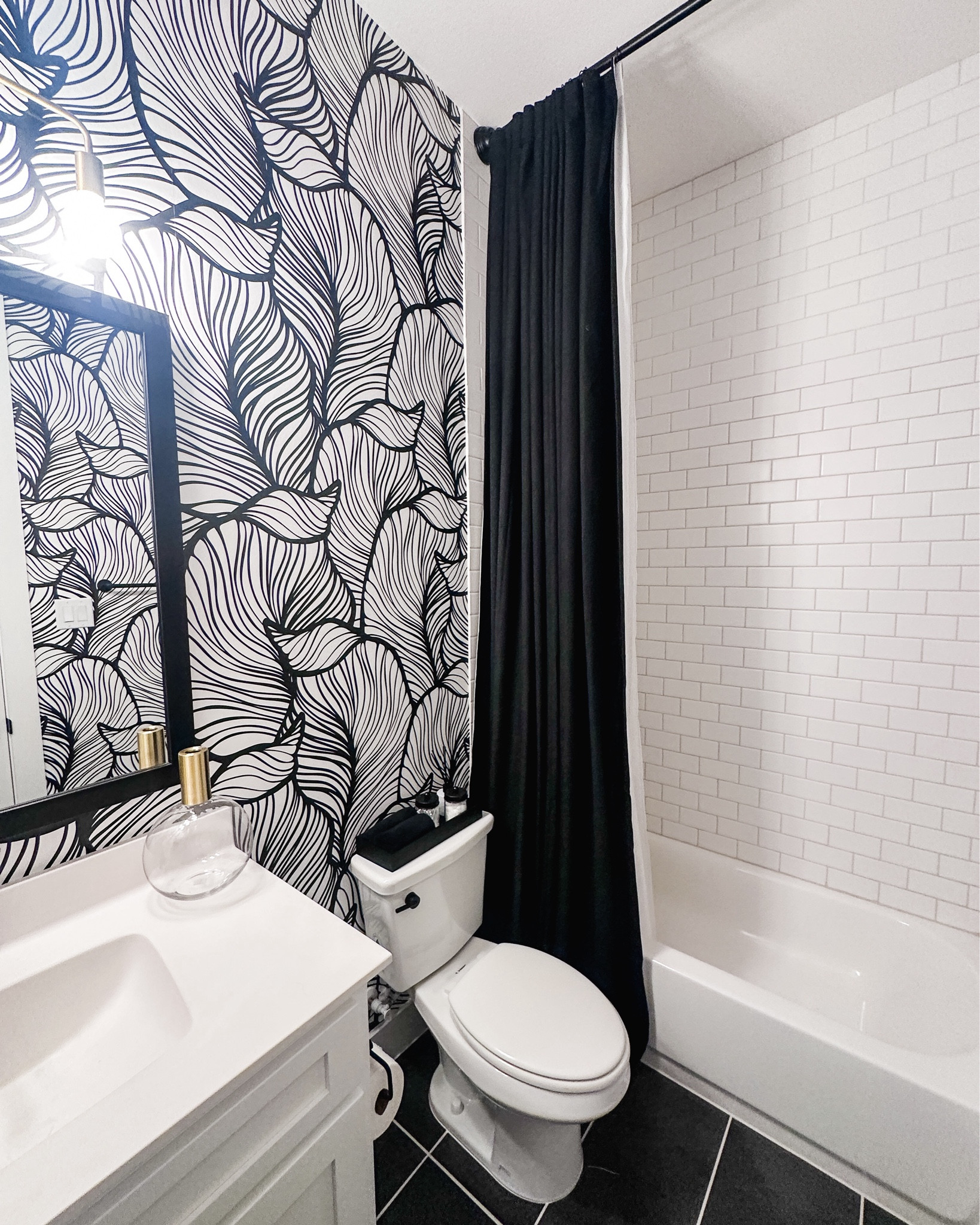 Bold patterns with gold accents! Love this boutique hotel bathroom vibe for our guests! #homedecor #guestbath #bathroom #curtains

#LTKStyleTip #LTKHome