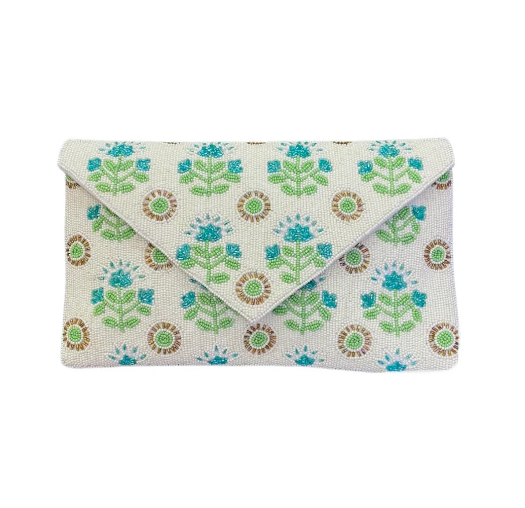 Hand Beaded Floral Clutch in Green/Teal | Beth Ladd Collections
