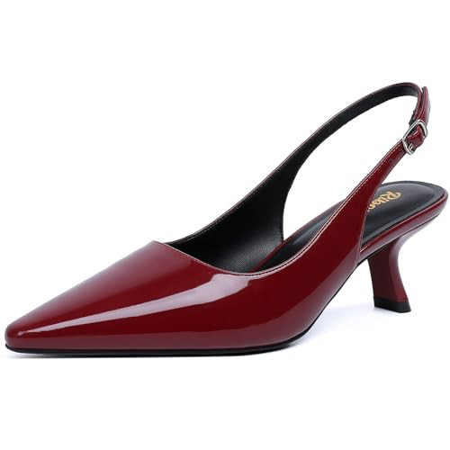 RIBONGZ Red Kitten Heels for Women Burgundy Pointed Closed Toe Pumps Patent Leather Low Heel Slingback Heels with Buckle Strappy Comfort Dress Shoes for Dating Wedding Prom Party Working Size 10 | Amazon (US)