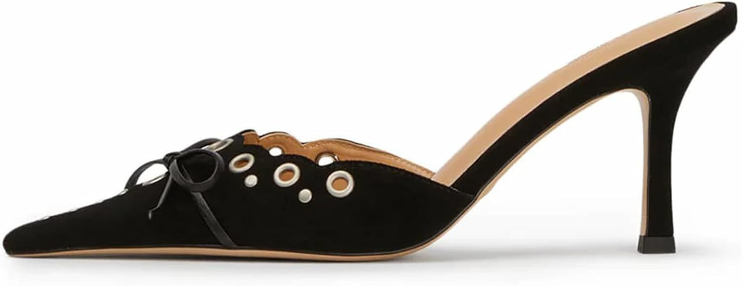 CKSNDLF Kitten Heel Studded Mules For Women Bow Tie Backless Studded Stiletto Heels Pointed Toe D... | Amazon (US)