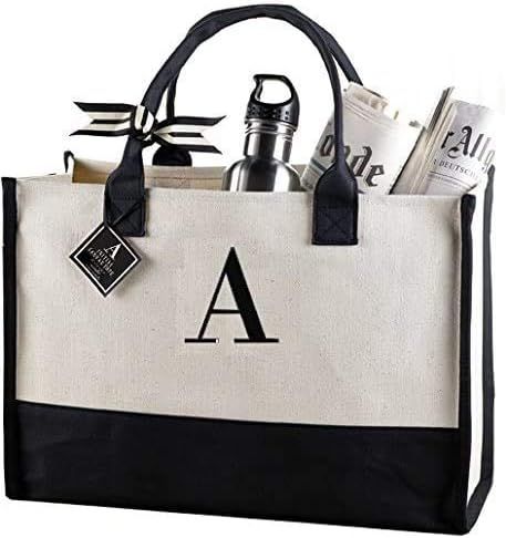 Mud Pie Classic Black and White Initial Canvas Tote Bags (A),100% Cotton, 17" x 19" x 2" | Amazon (US)