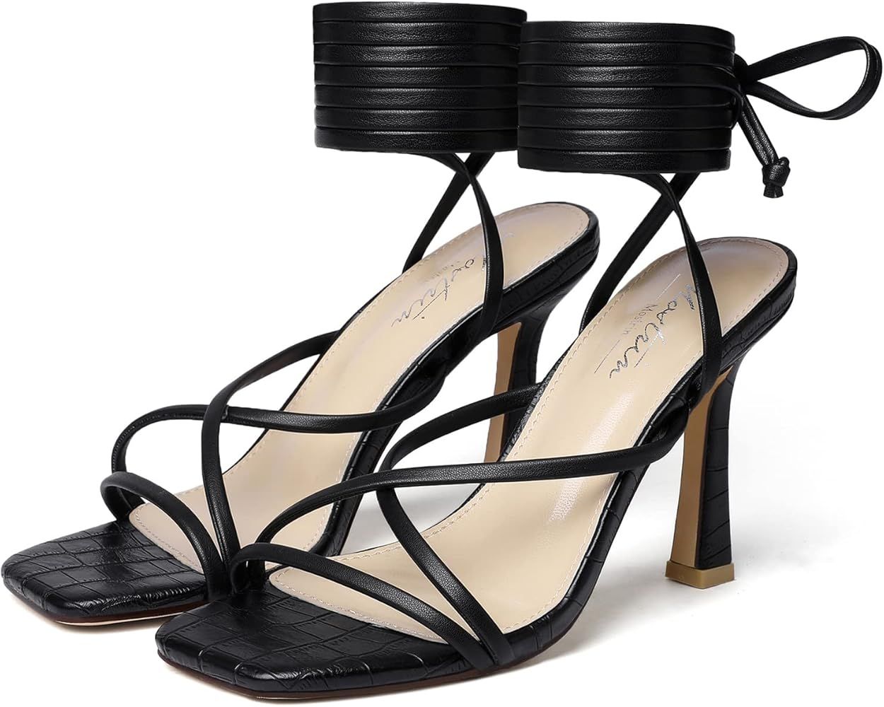 Mostrin Lace Up Heels Braided Heels for Women Strappy Heeled Sandals Sexy Square Toe High Heels | Amazon (US)
