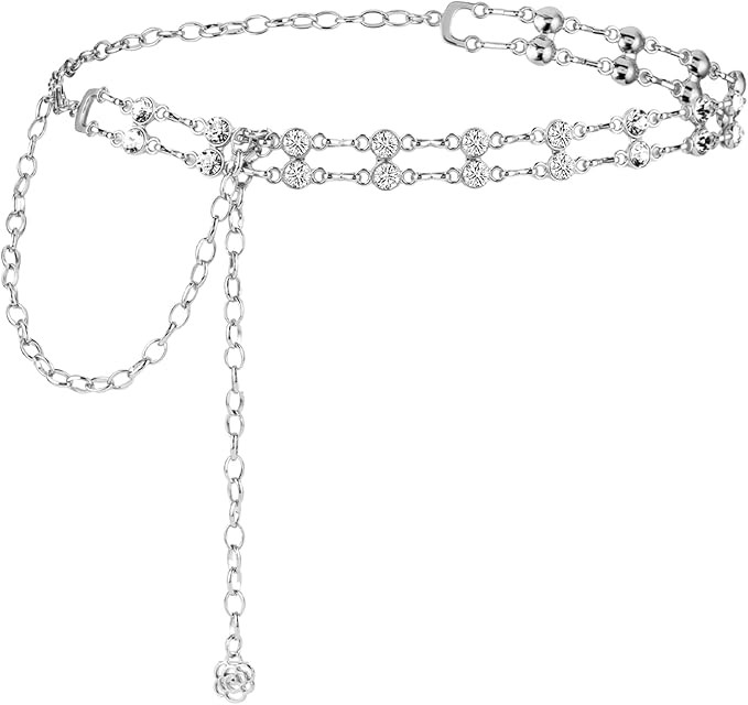 Women Rhinestone Chain Belt, Crystal Body Link Belt Metal Dress Belt Adjustable Skinny Waist Chai... | Amazon (US)
