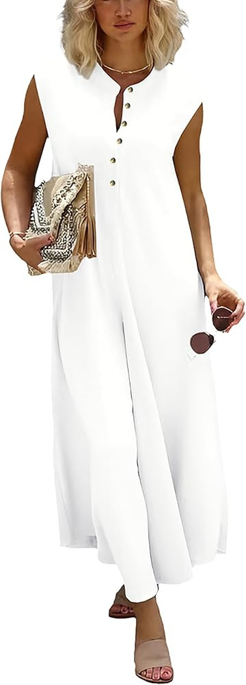 Jumpers for Women Casual Summer Loose Sleeveless Button Down Romper Wide Leg Jumpsuit with Pocket... | Amazon (US)
