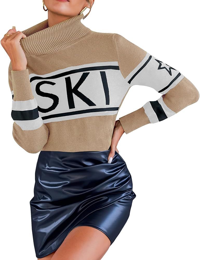 Women Turtleneck Sweater Striped Color Block Tops Casual Ski Sweaters Tight Knit 2024 Outfits The... | Amazon (US)