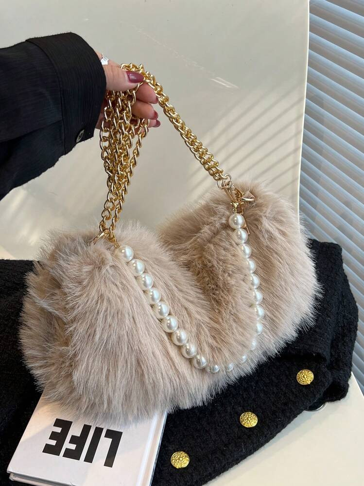 Khaki Fluffy Faux Pearl Chain Strap Shoulder Bag, Fashionable For Autumn & Winter, New Arrival Fu... | SHEIN