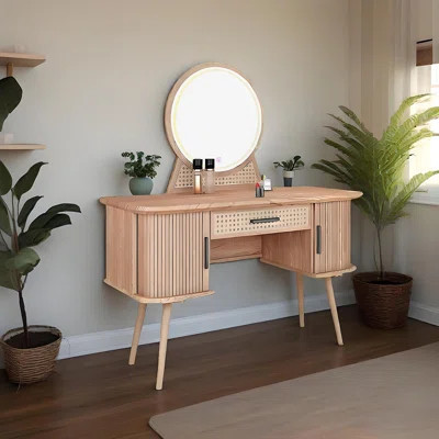 47.24"Natural Wood Color Minimalist Solid Wood Vanity With Chest Of Drawers & Stool & Mirror | Wayfair North America