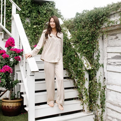 Kyte Living Long-Sleeved Women's Pajama Set in Gingham Bisque Gingham Bisque XS (0-2) | Target