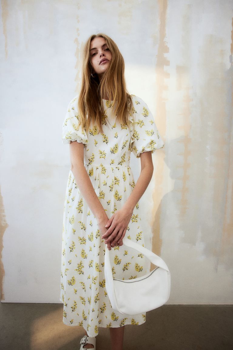 Puff-sleeved Midi Dress - Cream/floral - Ladies | H&M US | H&M (US + CA)