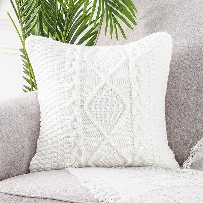 MANDIOO Cotton Knitted Cream White Decorative Throw Pillow Covers Soft Cozy Outdoor Cushion Cases... | Amazon (US)