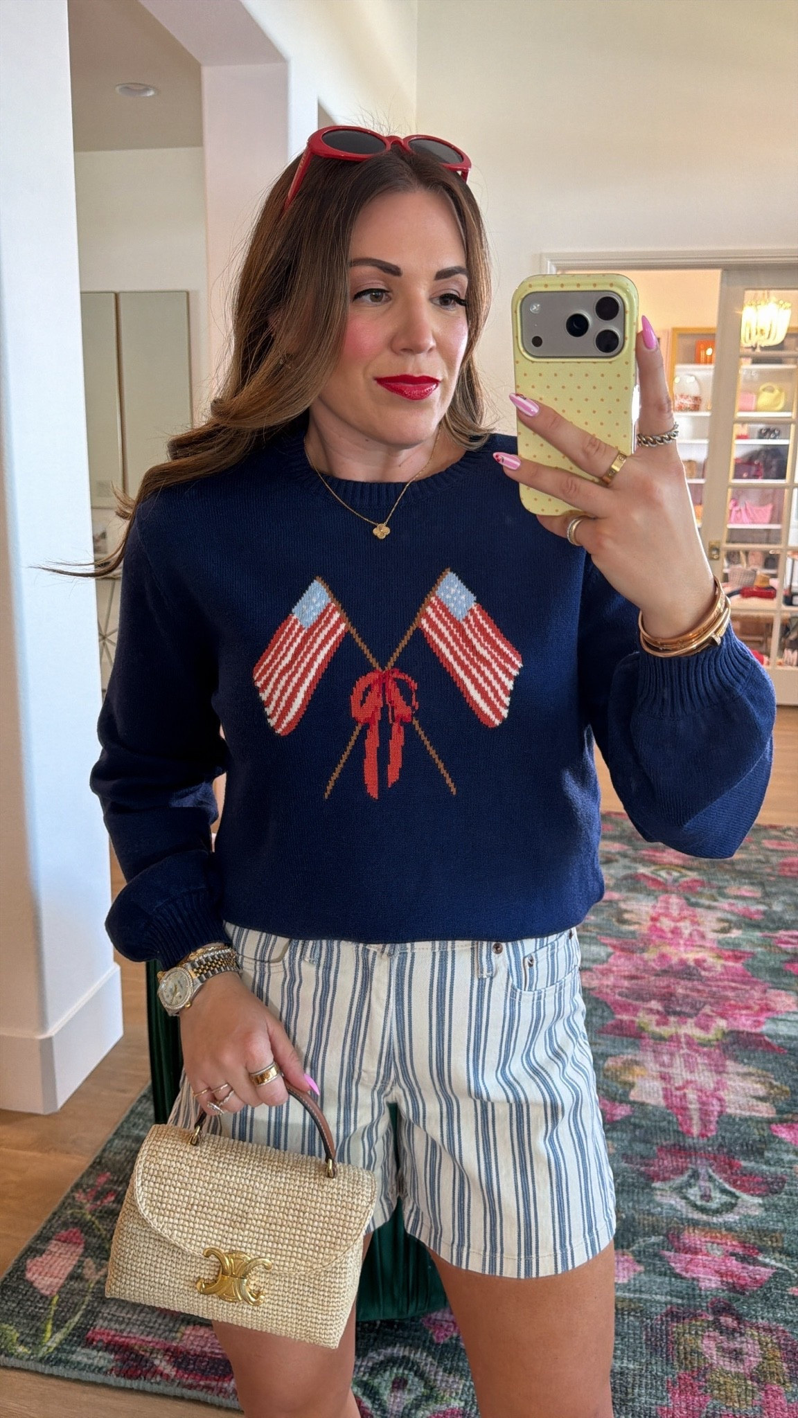 curvy midsize red white and blue look for the 4th of July! ❤️🤍💙 wearing size large in bow flag sweater (comes in mini size too!) and size 30 in striped blue denim shorts

#LTKSeasonal #LTKMidsize