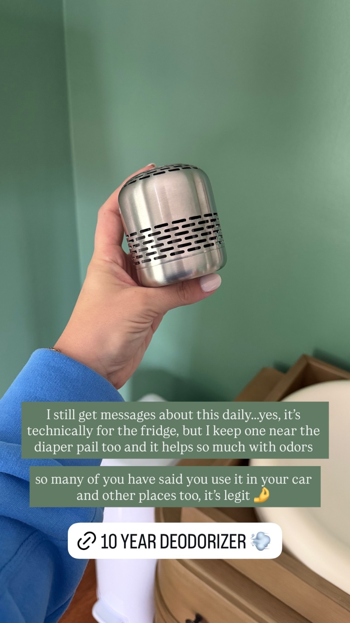 I still get messages about this daily…..yes, it’s technically for the fridge, but I keep one near the diaper pail too and it helps so much with odors

so many of you have said you use it in your car and other places too, it’s legit 🤌