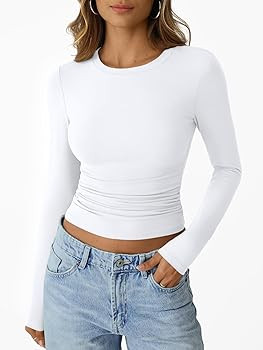 Trendy Queen Womens Long Sleeve Shirts Crop Tops Fall Fashion 2025 Going Out Basic Winter Clothes | Amazon (US)