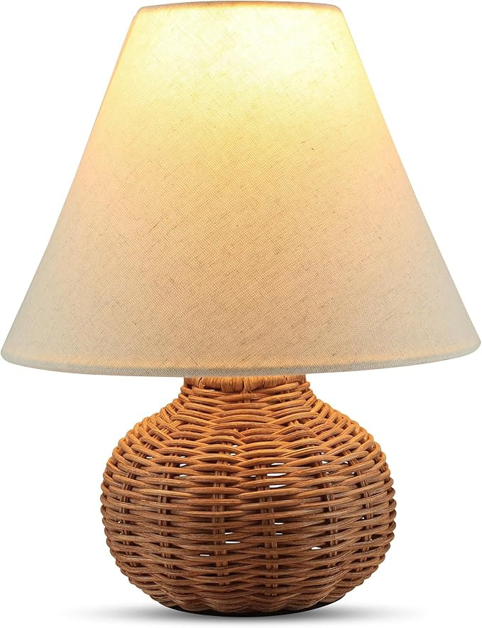 11" Small Mini Wicker Table Lamp, Dimmable Rattan Bamboo Lamp with Off-White Fabric Shade, Boho A... | Amazon (US)