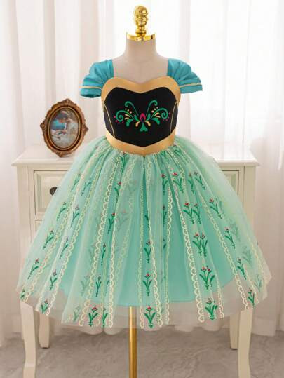 Glamorique Kids Christmas, Party Wear, Santa Dress, New Year's Dress, Christmas Young Girl Dress, Halloween Young Girl Dress, Ball Gown Dress, Princess Anna Dress, Girls Princess Dress, Front Panel Green Glitter Print, Colorblock Gold Satin, Flared Green Glitter Print Hem, Stage Performance Middle Eastern | SHEIN