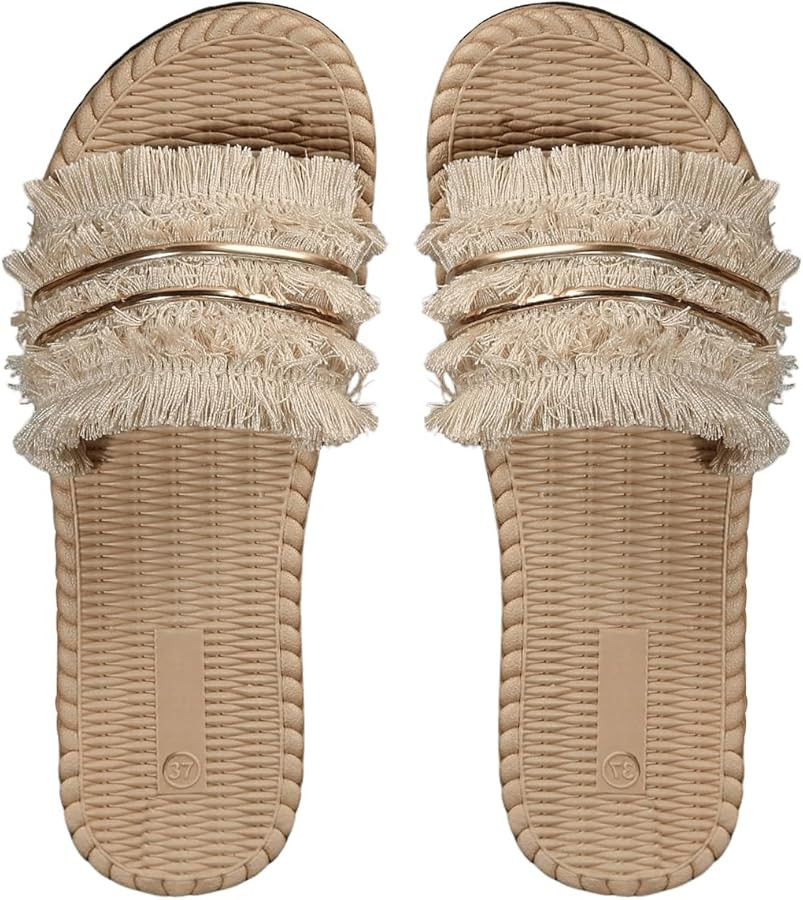 Verdusa Women's Open Toe Fringe Sandals Slip On Outdoor Boho Beach Slides | Amazon (US)