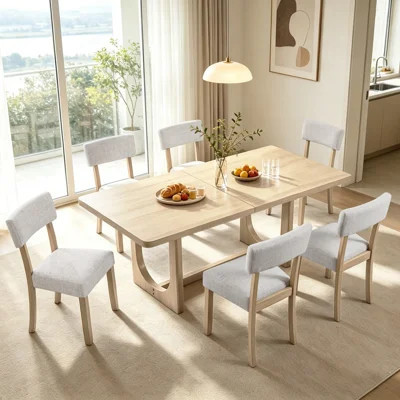 7-Piece Dining Set for 6, 68" Light Oak Table with 6 Linen Upholstered Chairs, Japandi Style | Wayfair North America