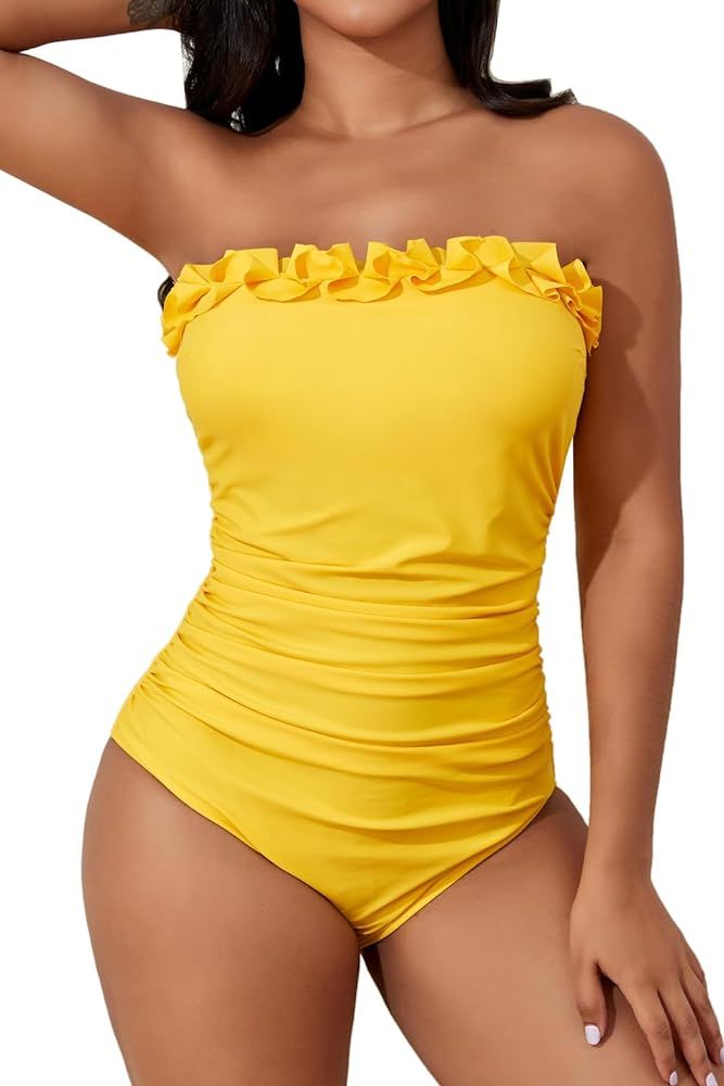 Smismivo Tummy Control Swimsuits for Women Strapless One Piece Bathing Suit Bandeau Slimming Vint... | Amazon (US)
