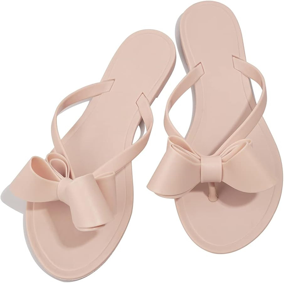 TYFLOVE Women Rivet Flip Flops Studded Jelly Thong Sandals with Bow Summer Bowtie Flat Beach Rain... | Amazon (US)