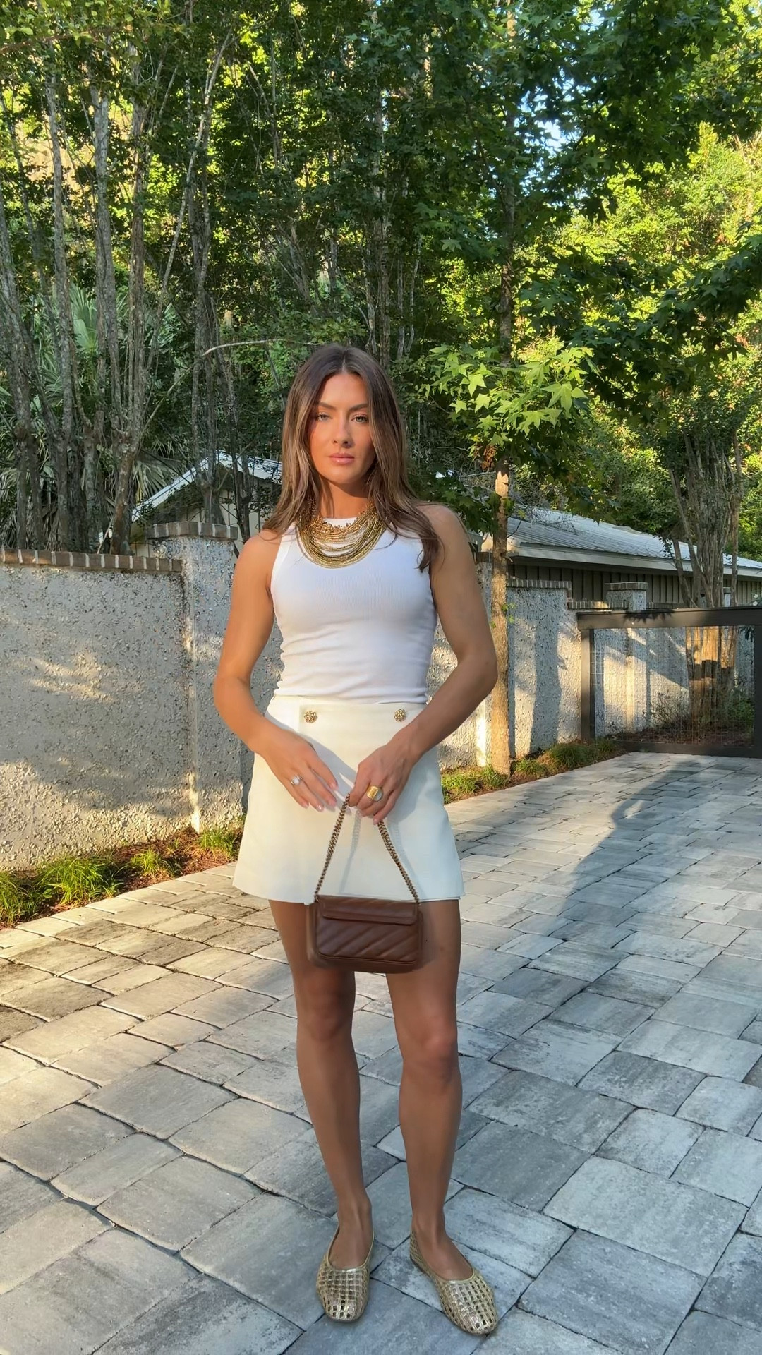 Shoes are H&M but I don’t see them listed online anymore. They are “straw gold flats” 