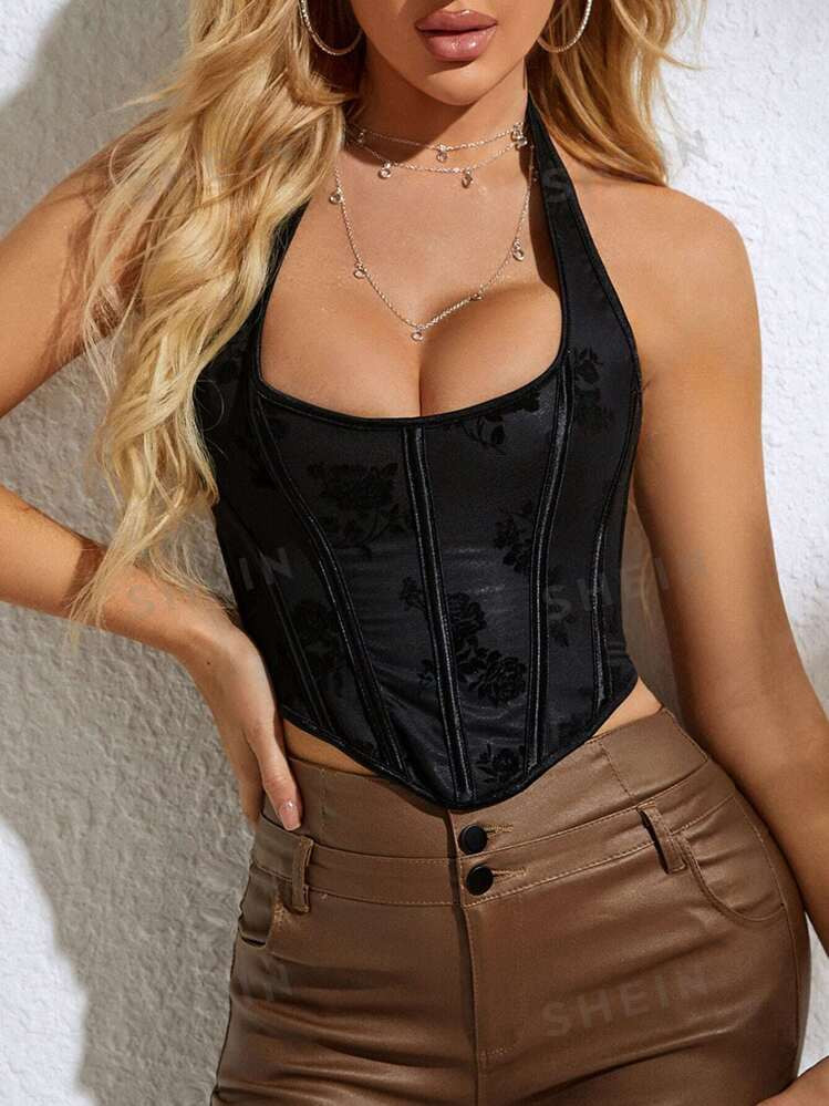 Apperloth A Flocked Flower Lace-Up V-Back Crop Top, Waist Shaping | SHEIN