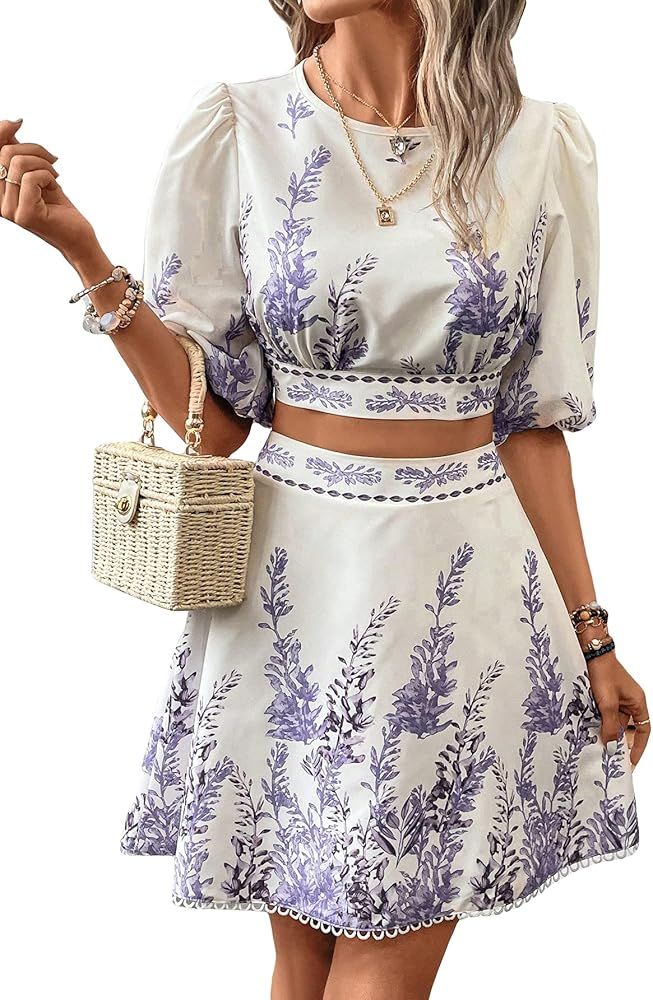 Floerns Women's Two Piece Outfit Boho Lantern Sleeve Blouse Top with Skirt Set | Amazon (US)